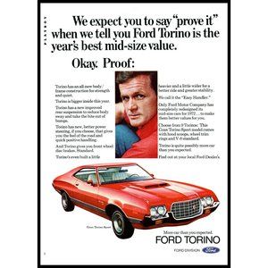 1972 Ford Torino 2 Door Coupe Hood Scoop Vintage Print Ad Classic Car Wall Art